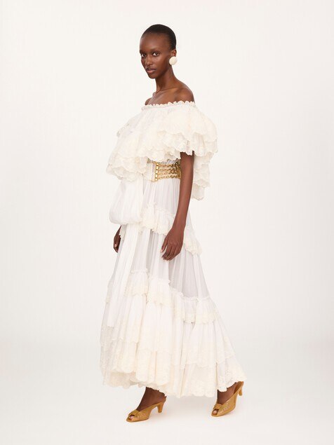 Vestido largo con volantes de gasa de algod&oacute;n