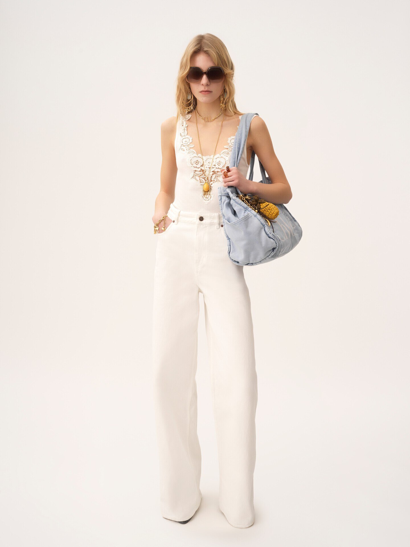 Fitted tank top in cotton jersey & guipure - 3