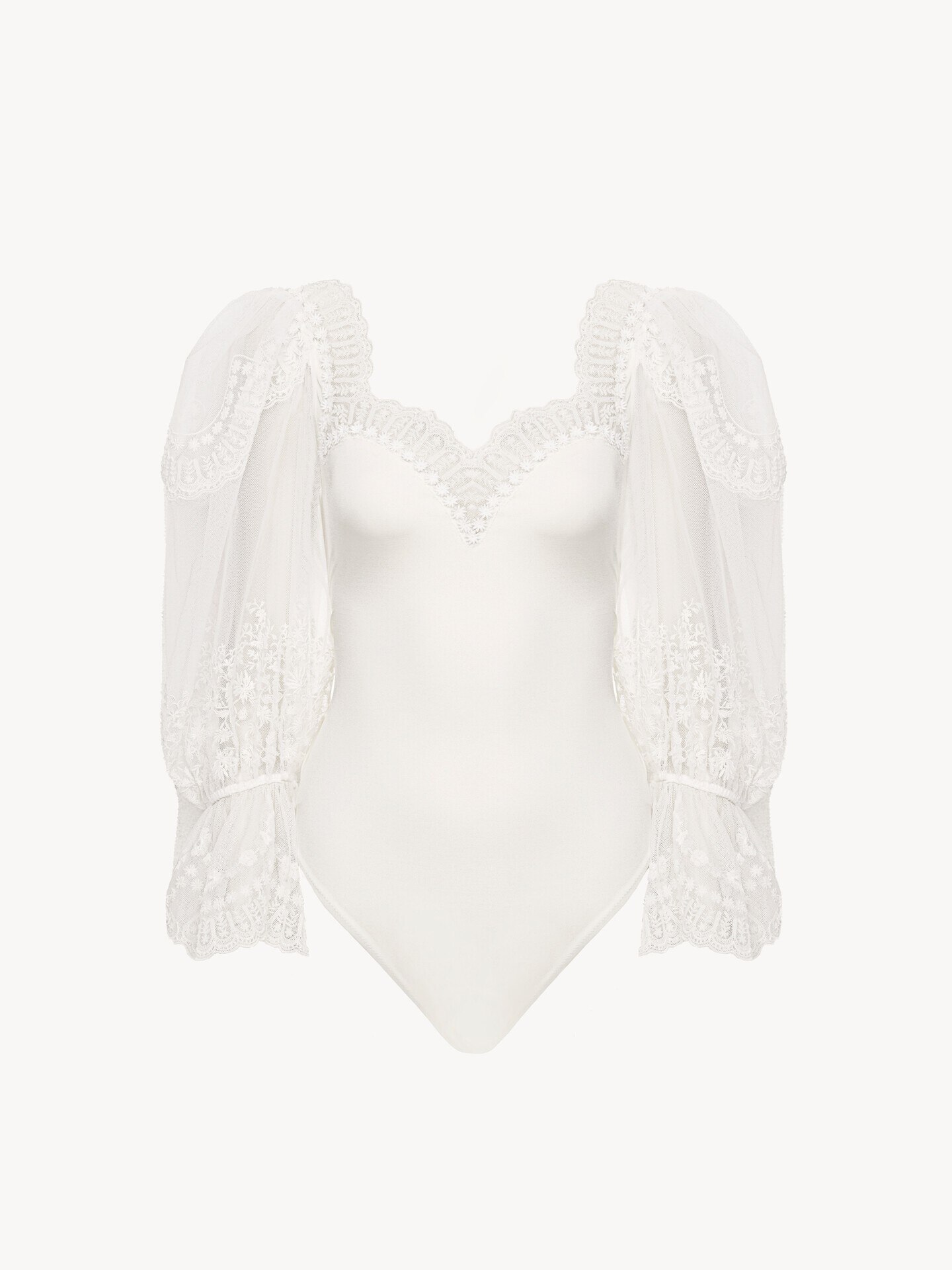 Puff-sleeve bodysuit in shiny stretch jersey & lace - 1