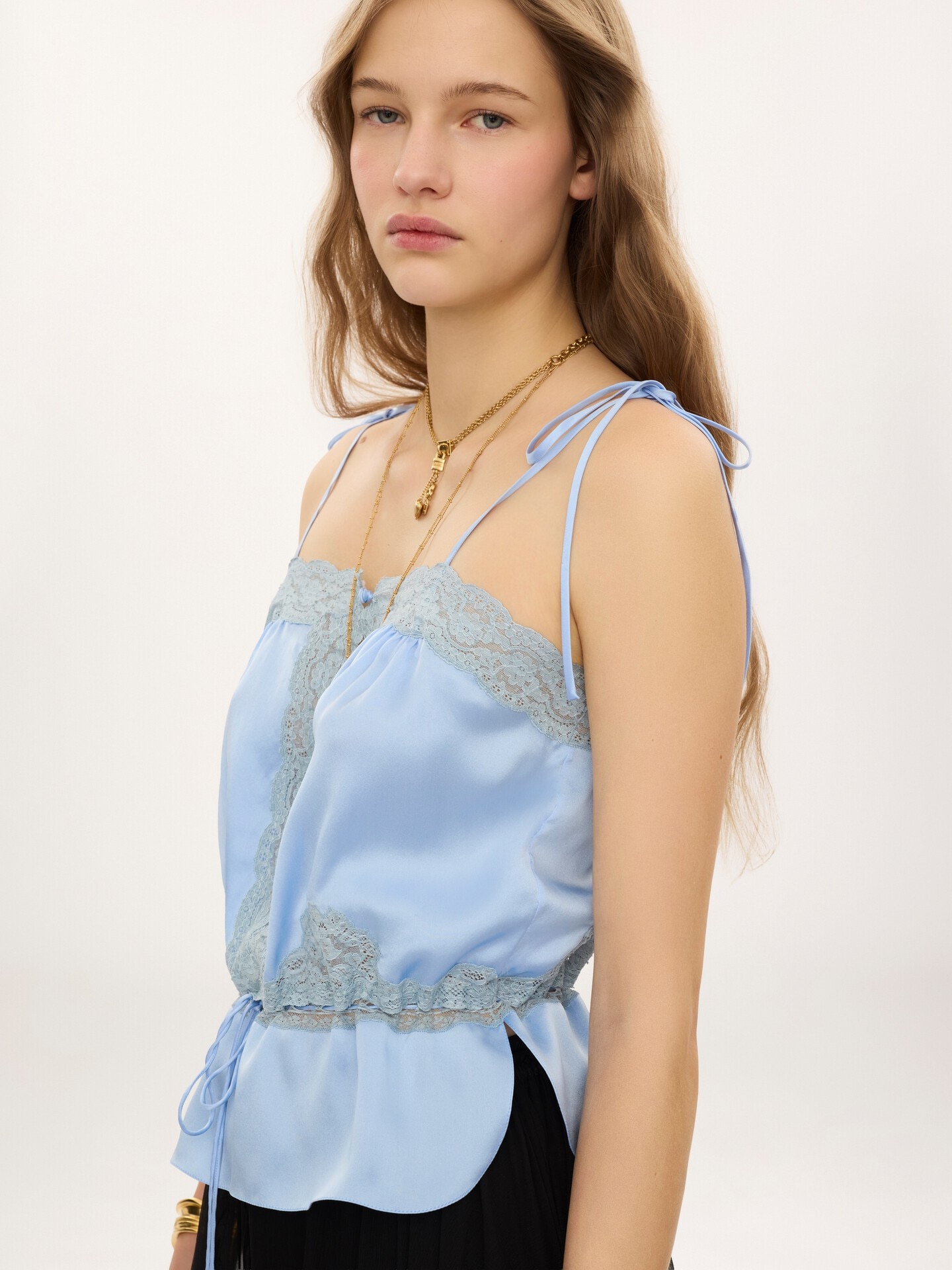 Drawstring camisole top in washed silk satin & lace - 7