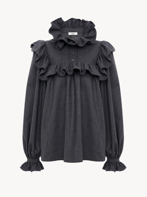Top de cuello alto con volantes de franela de lana y cachemira