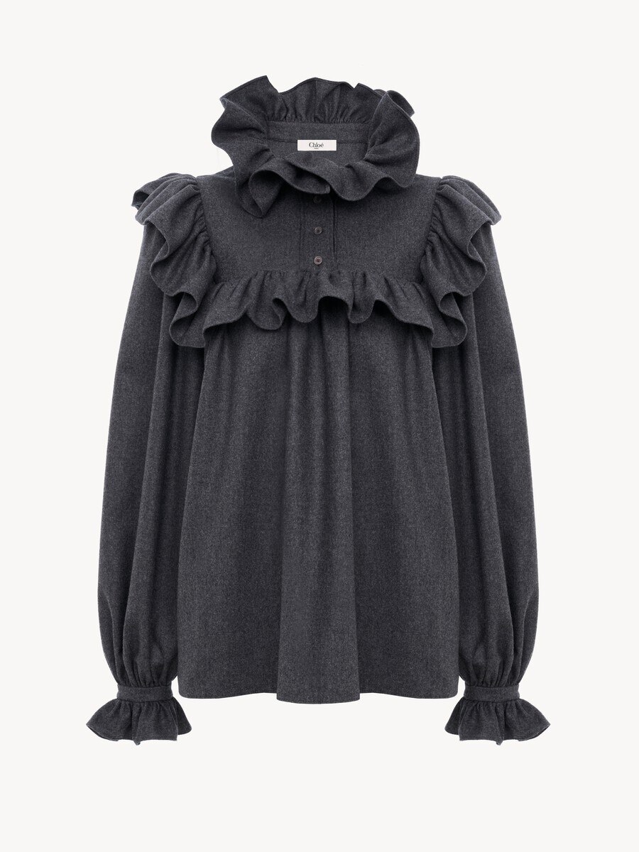 High-neck ruffle top in wool & cashmere flannel - 2