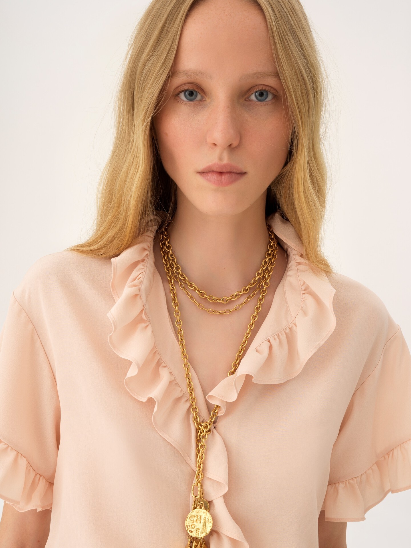 Short-sleeve ruffled top in cr&ecirc;pe de chine - 7
