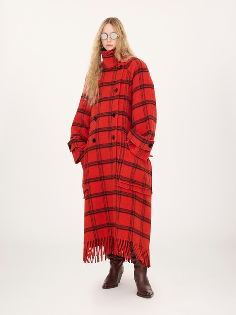 Abrigo largo oversize de doble botonadura de lana y alpaca de doble cara de cuadros