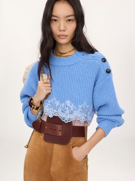 Jersey cropped de punto de lana merina y encaje