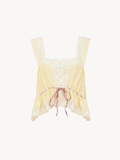 Square-neck cropped top in silk habotai & lace