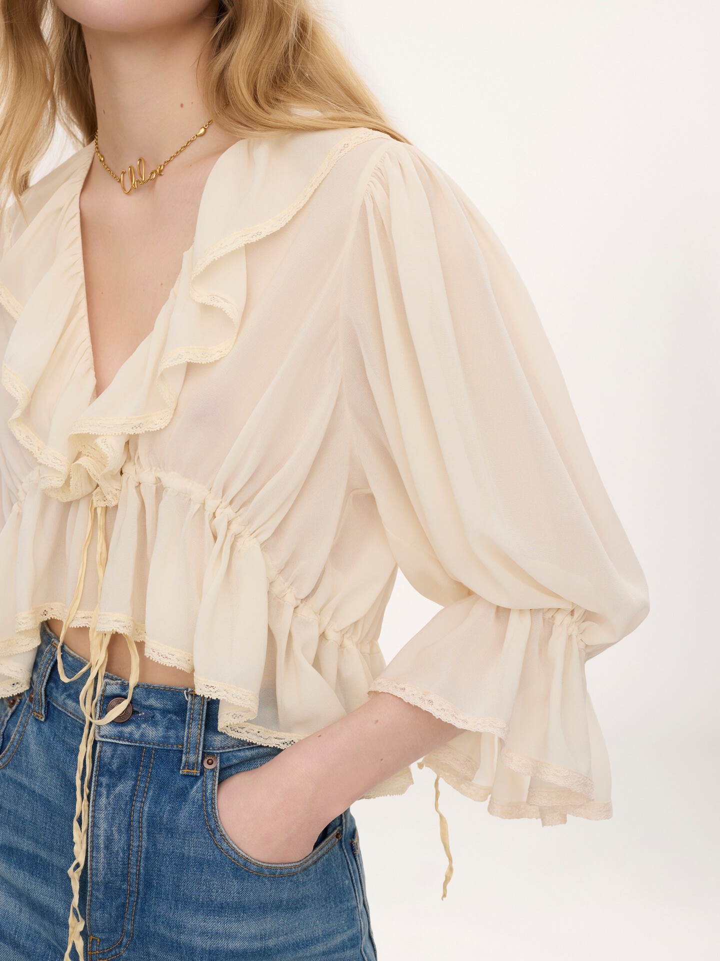 Cropped V-neck ruffle top in silk georgette & lace - 7
