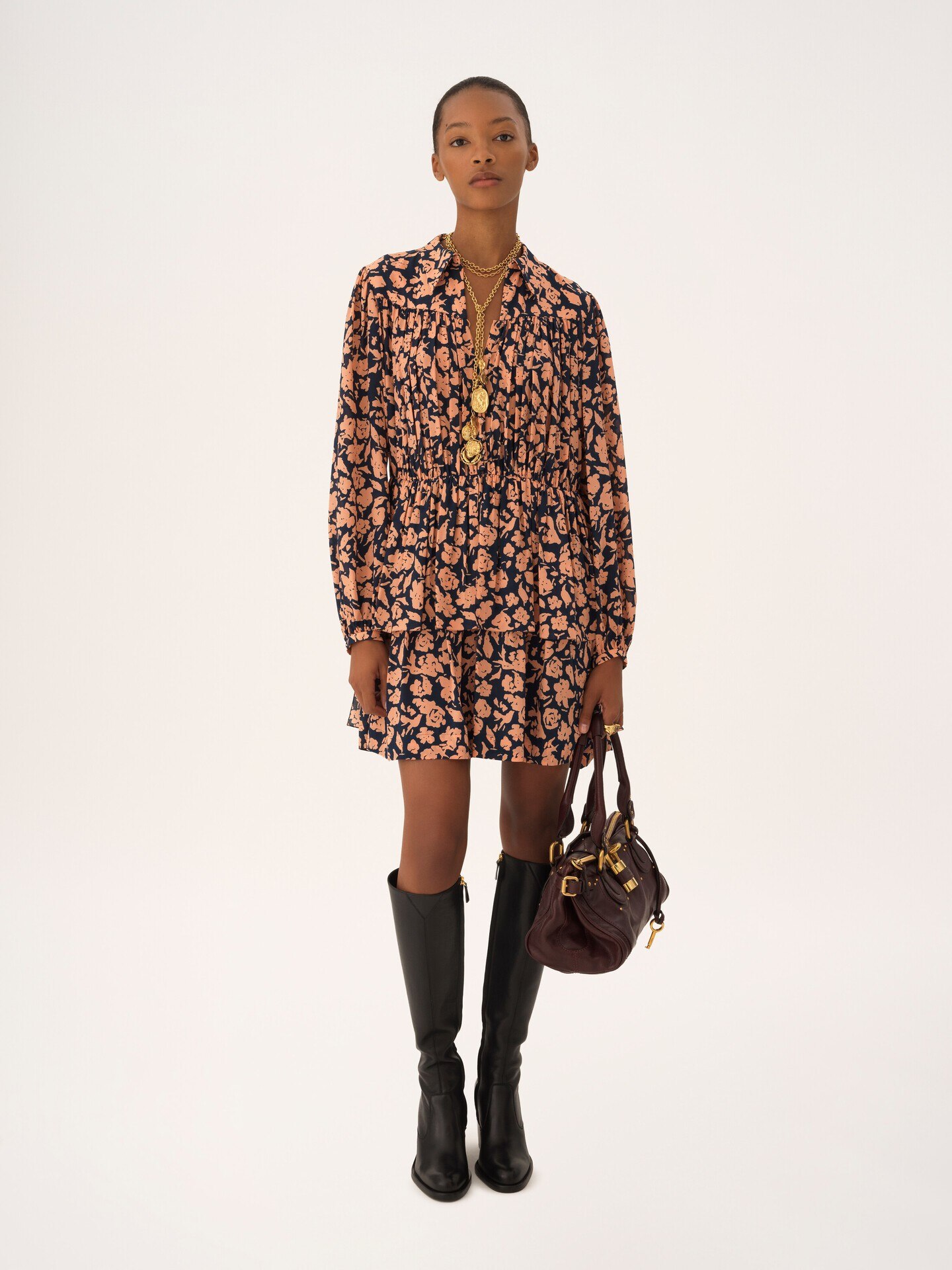 Gathered midi dress in cr&ecirc;pe de chine - 3