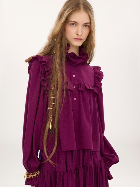 Top de cuello alto con volantes de jacquard de seda