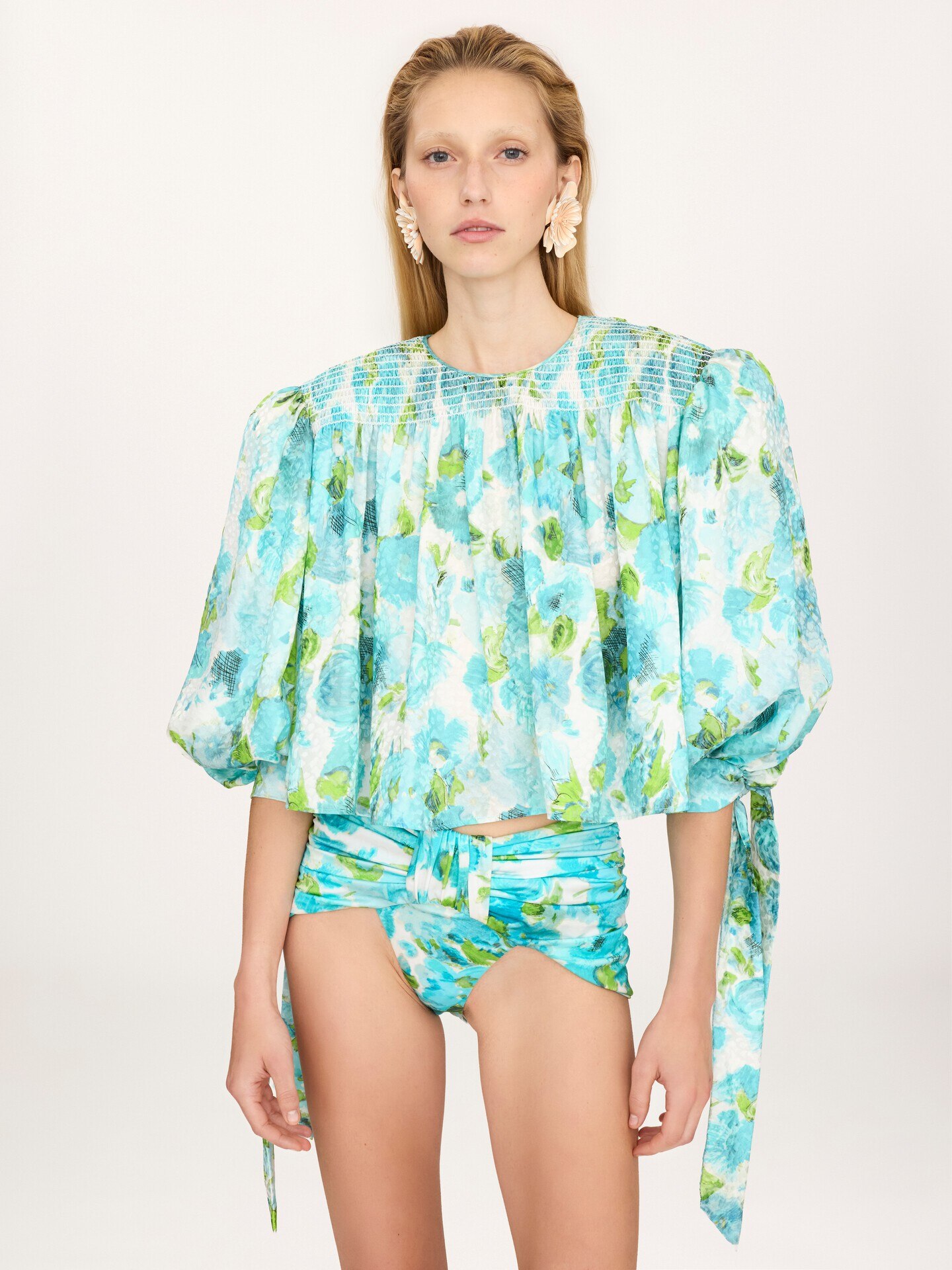 Gathered cropped top in silk jacquard - 4