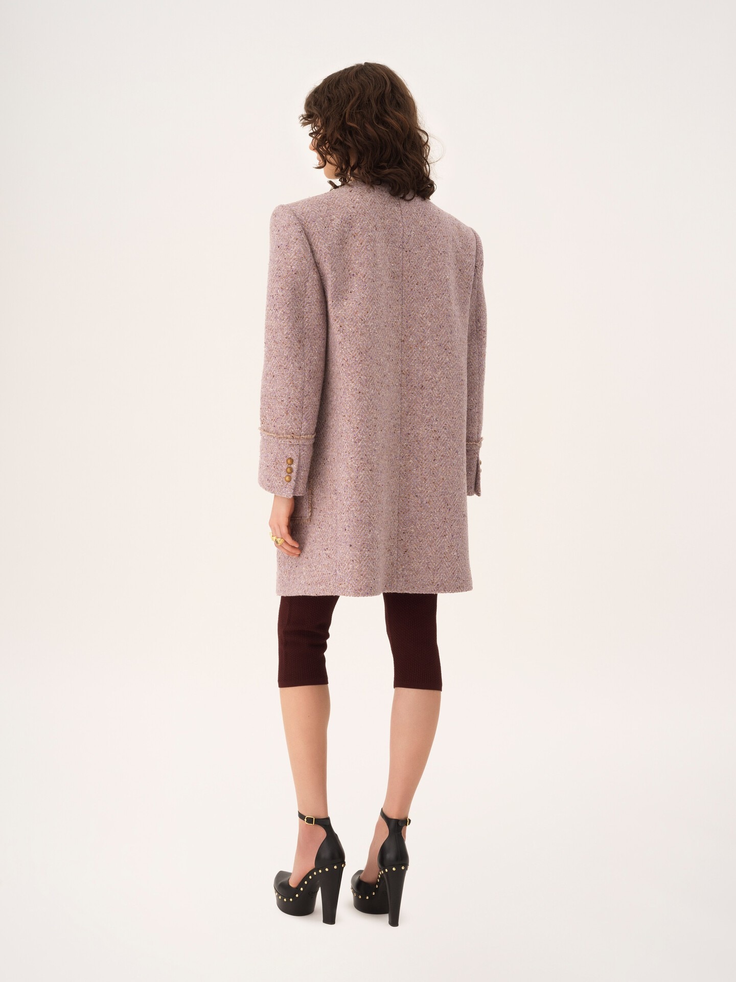 Single-breasted collarless coat in chin&eacute; wool tweed - 6