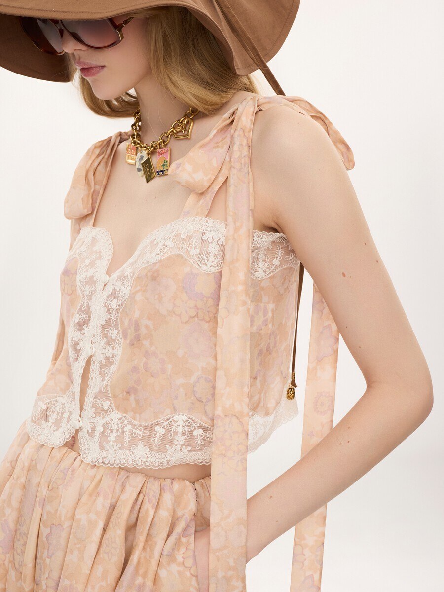 Knotted-strap cropped top in silk charmeuse & lace - 7