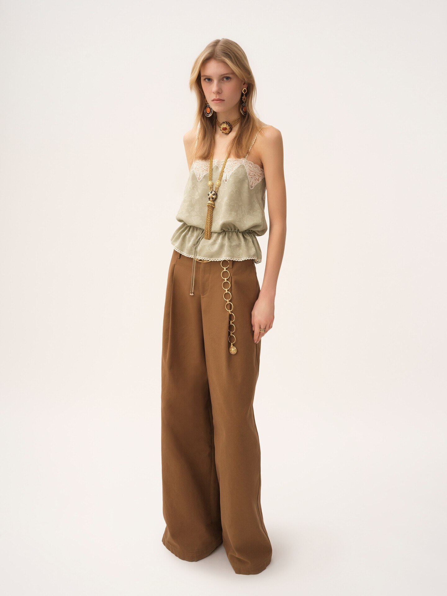 Pantalones de pernera ancha de talle alto de lona de algod&oacute;n - 6
