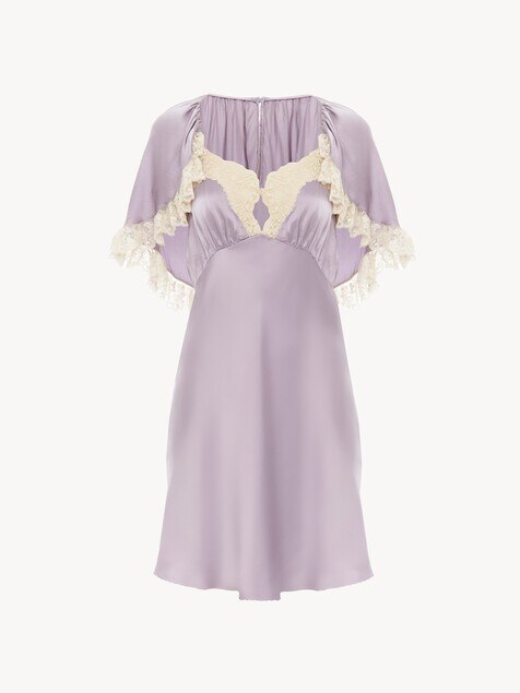 Mini cape dress in washed silk satin & lace