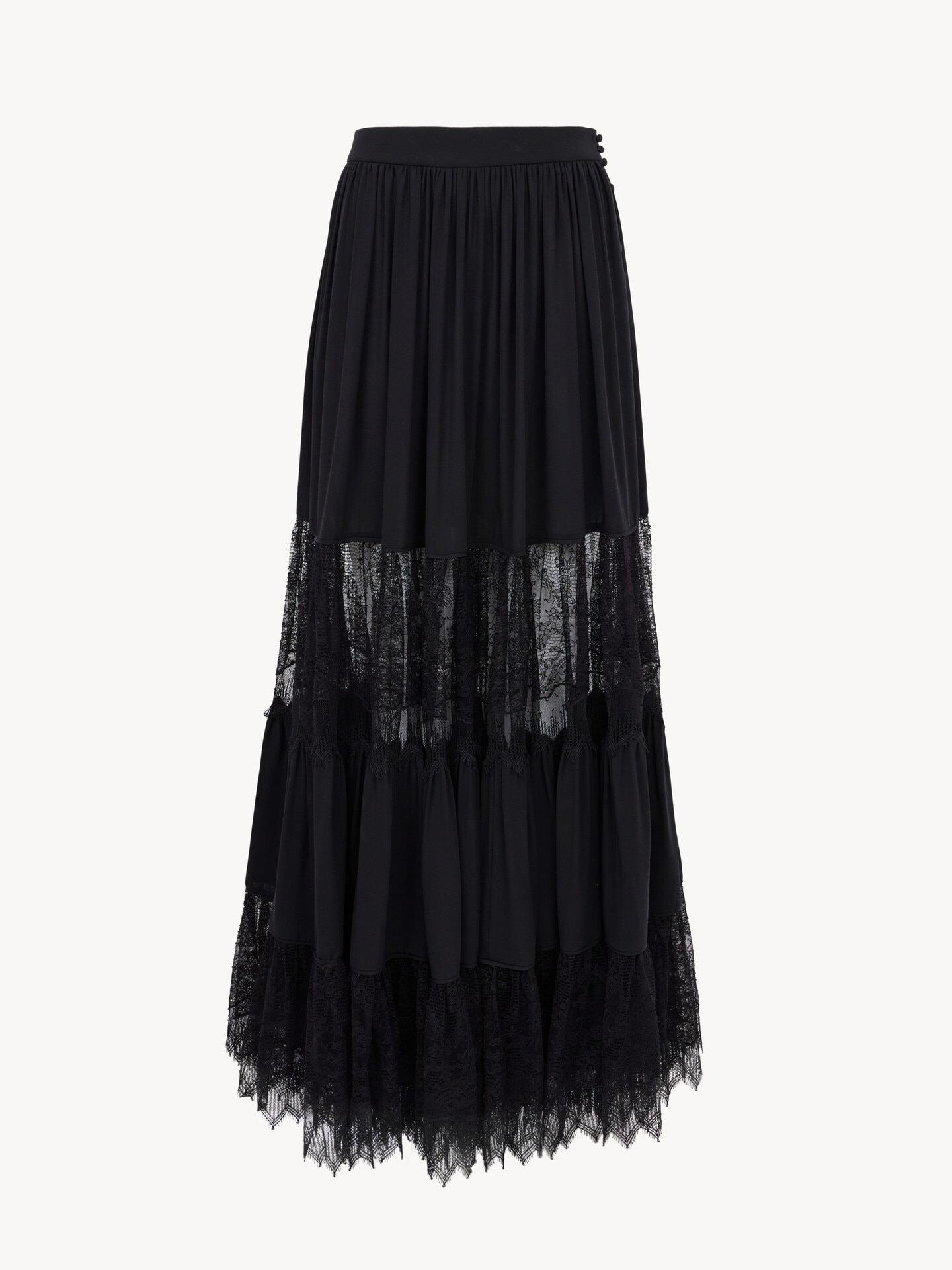 Tiered long skirt in silk georgette & lace - 1