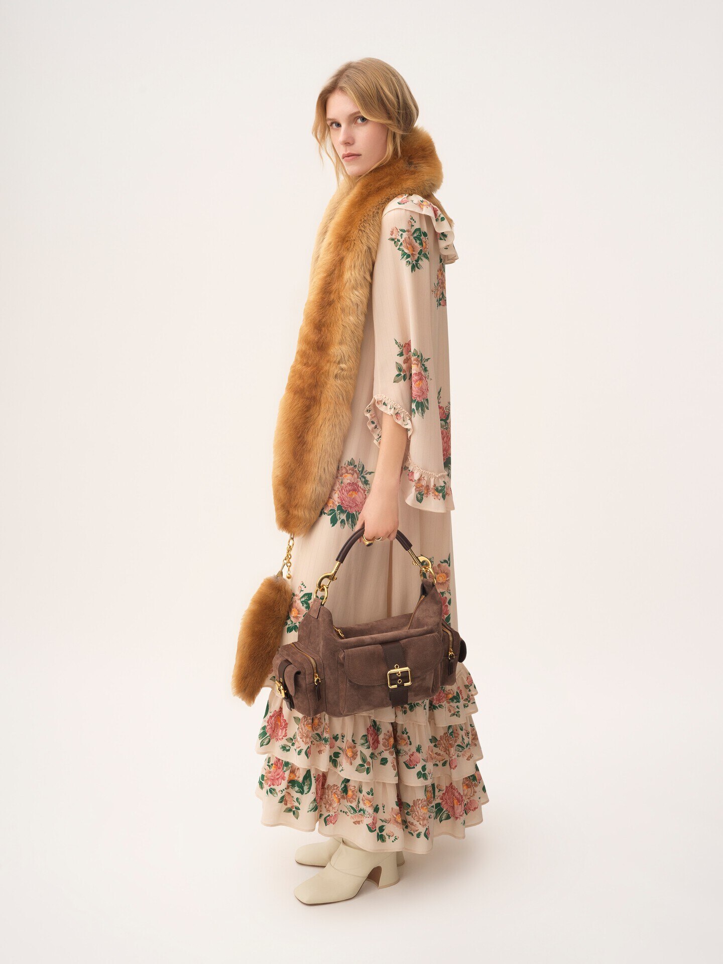 Square-neck ruffled long dress in crêpe de chine - 6