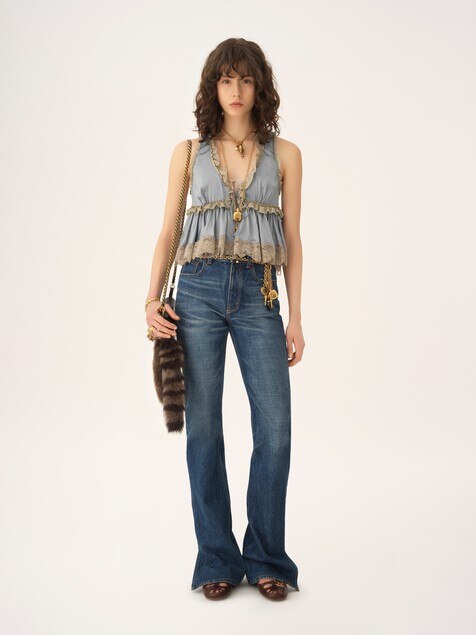 Tie-front sleeveless top in washed silk satin & lace