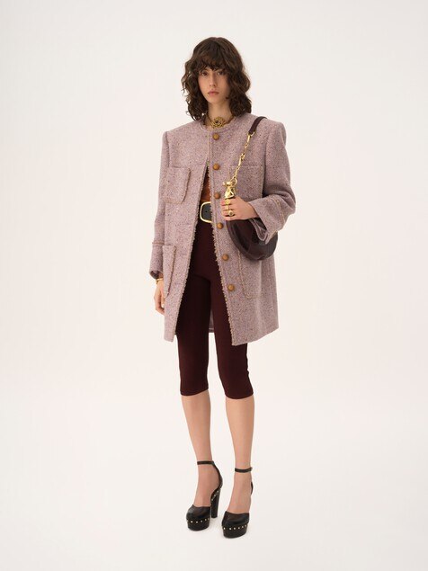 Single-breasted collarless coat in chiné wool tweed