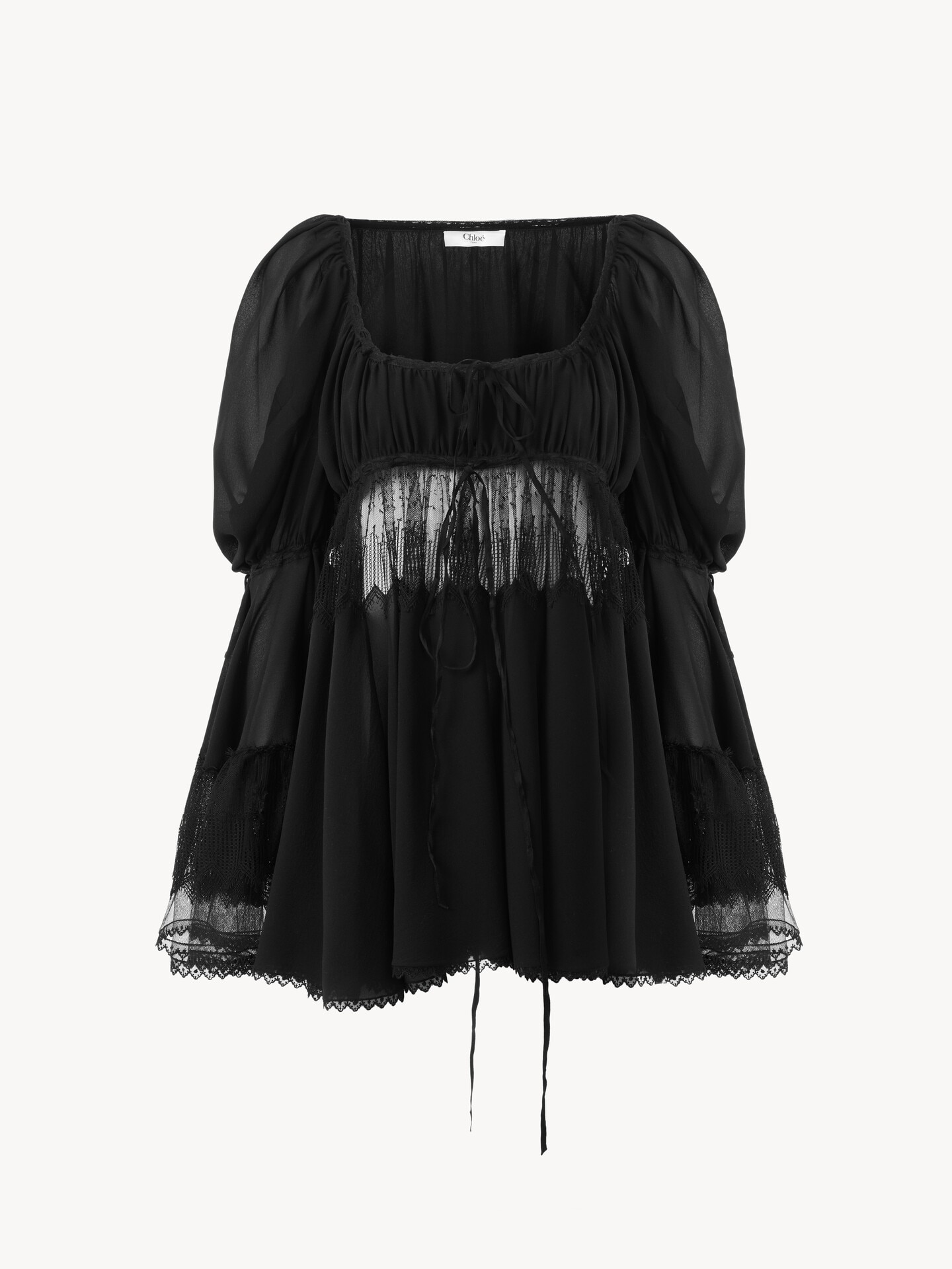 Scoop-neck puff-sleeve top in silk georgette & lace - 1