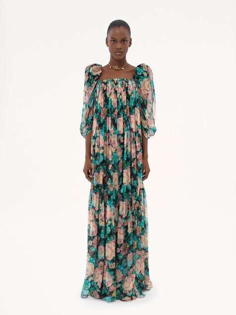 Puff-sleeve long dress in silk mousseline