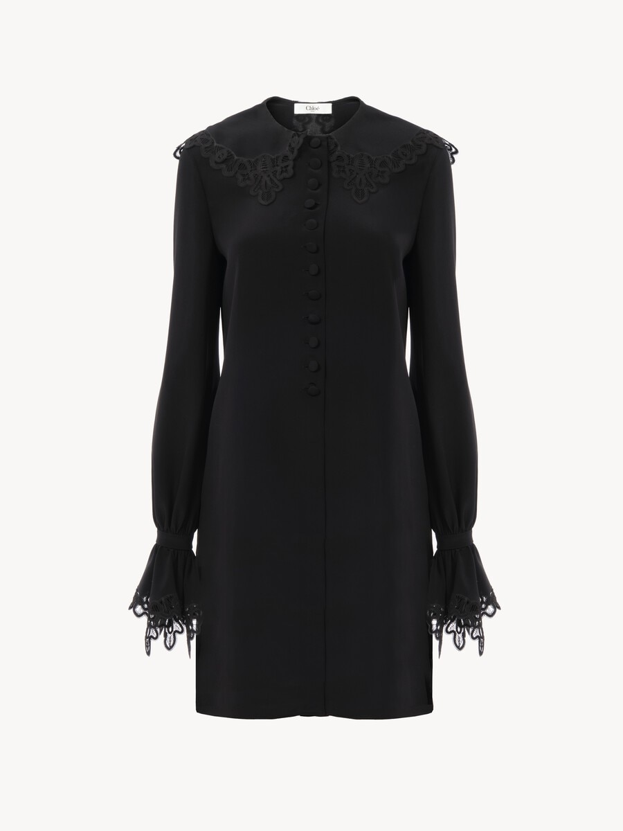 Long-sleeve mini dress in cr&ecirc;pe de chine & lace - 2