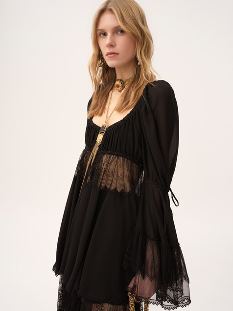 Scoop-neck puff-sleeve top in silk georgette & lace