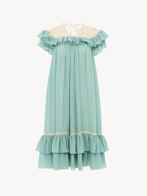 Short-sleeve mini dress in silk georgette & lace