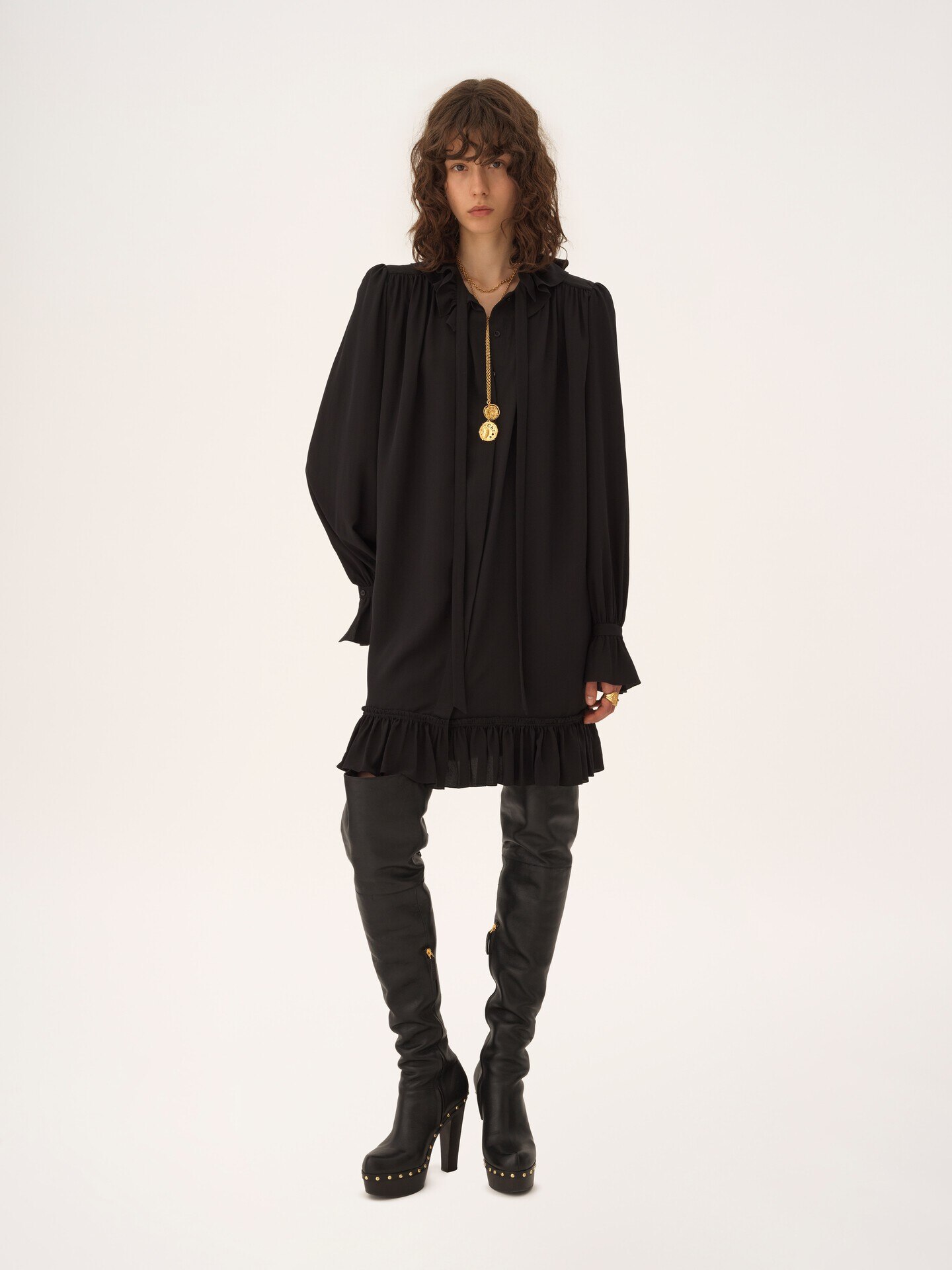 Long-sleeve mini dress in cr&ecirc;pe de chine - 3