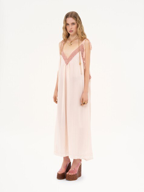 Long slip dress in silk habotai & lace