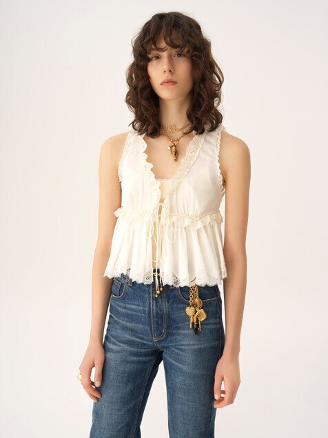 Tie-front sleeveless top in washed silk satin & lace