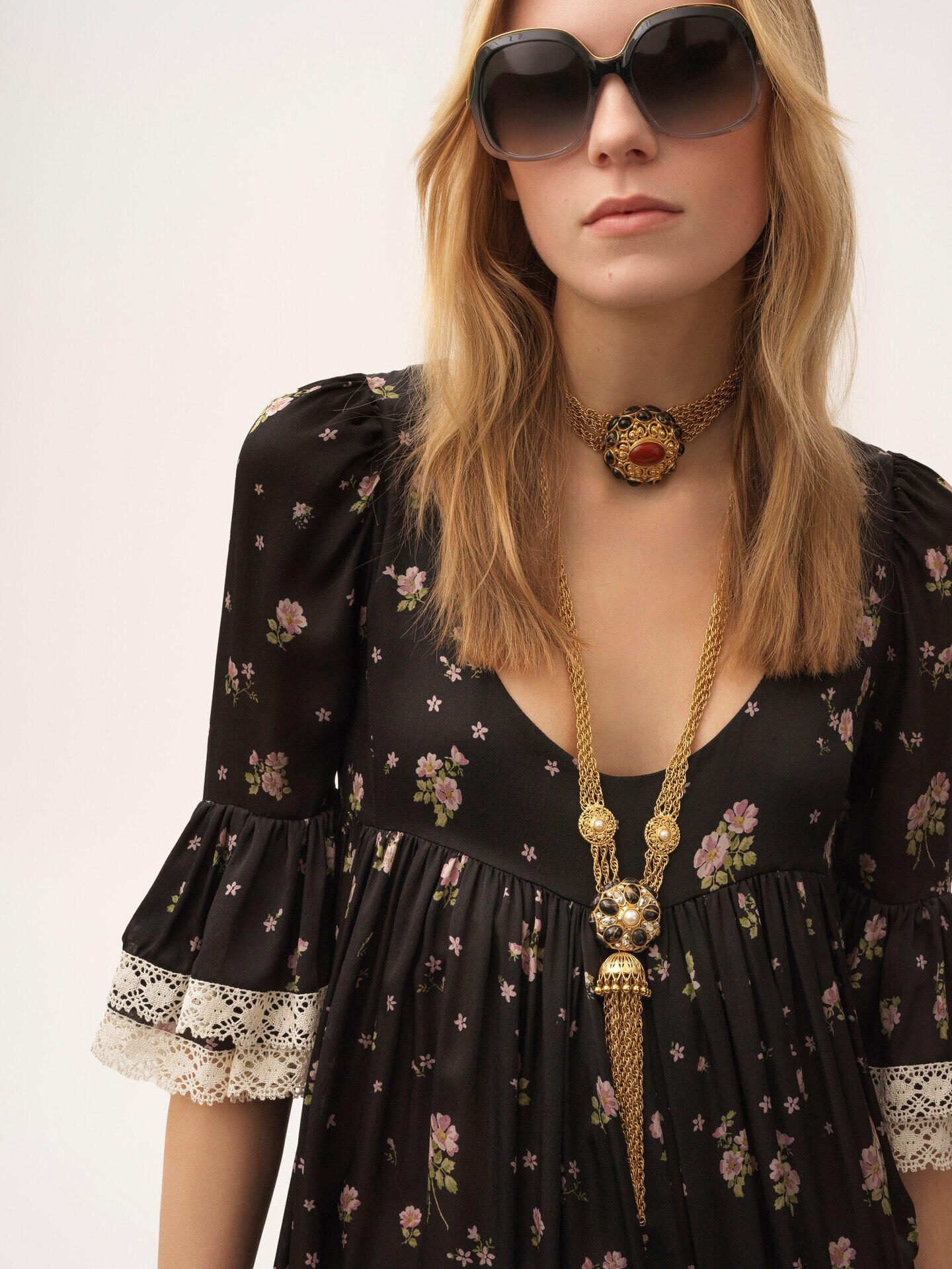 Scoop-neck midi dress in silk charmeuse & lace - 5