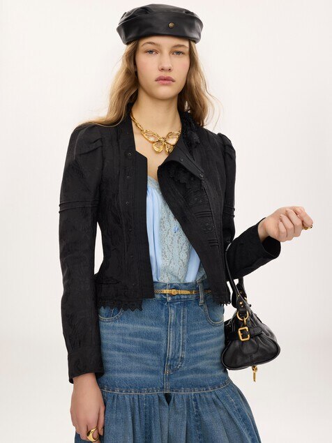 Chaqueta entallada de jacquard y encaje en mezcla de seda