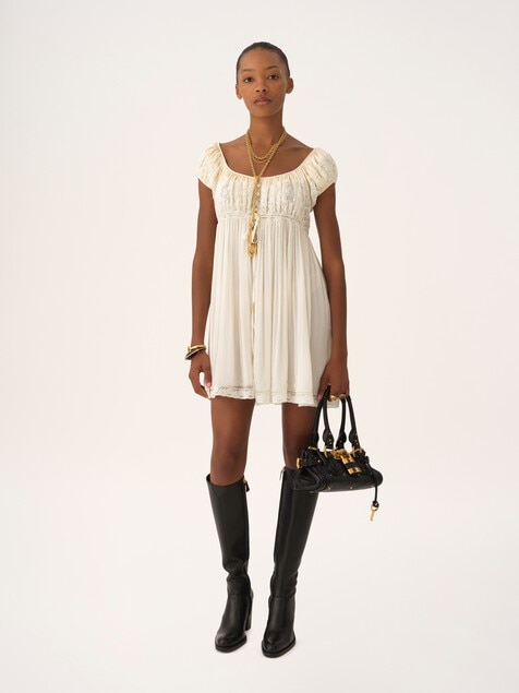 Short-sleeve mini dress in silk mousseline & lace