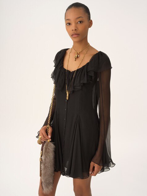 Pleated mini dress in silk mousseline