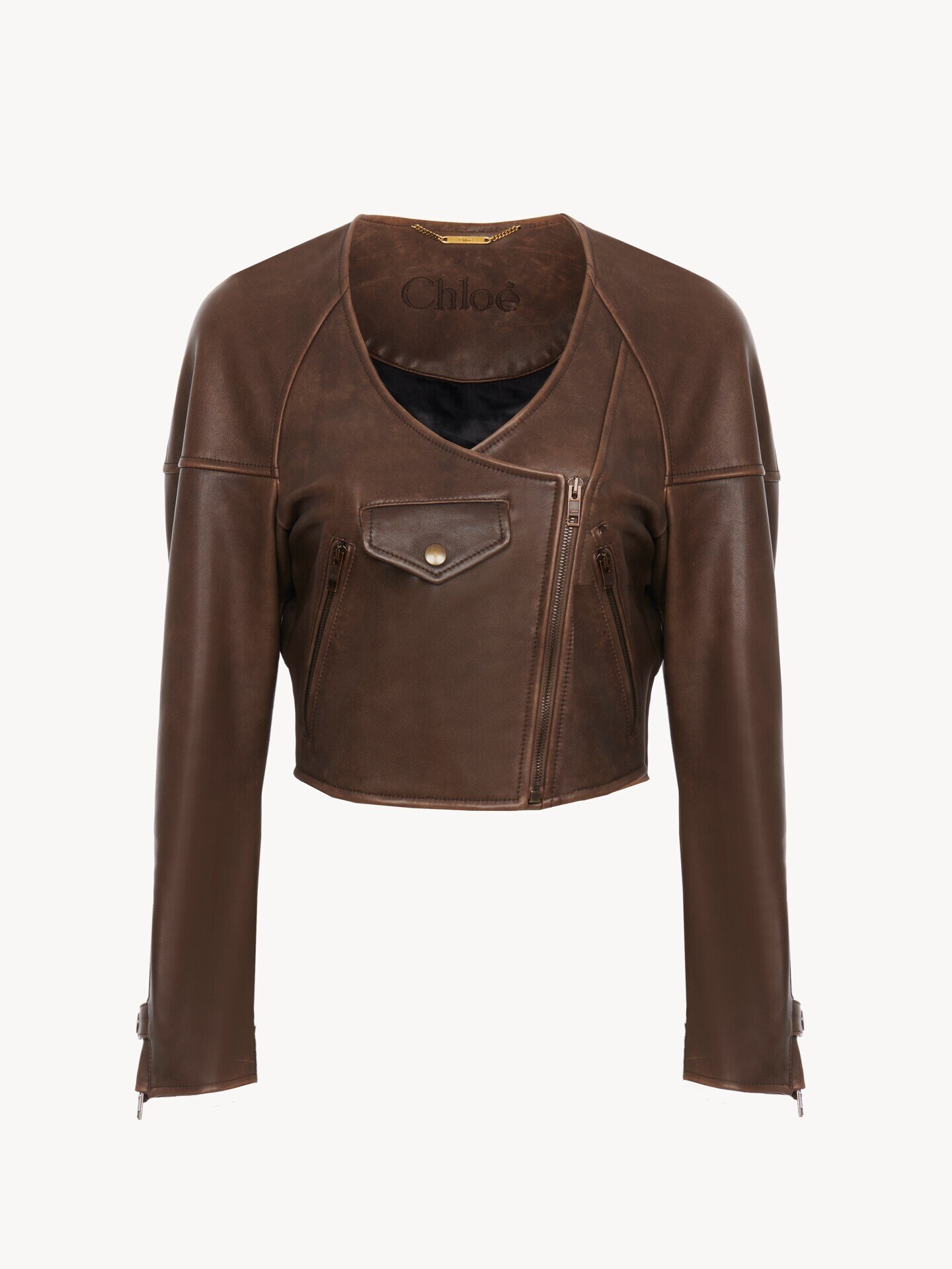 Chaqueta cropped de cuero con cuello redondo - 1