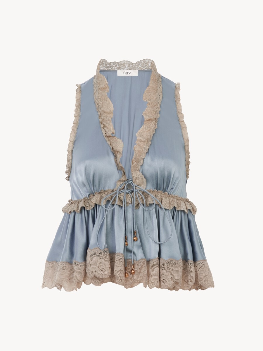 Tie-front sleeveless top in washed silk satin & lace - 2