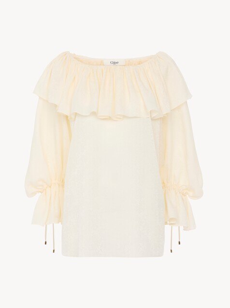 Fluid ruffle top in silk jacquard