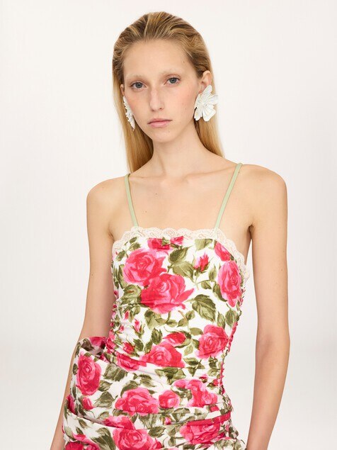 Ruched rose-print bodysuit