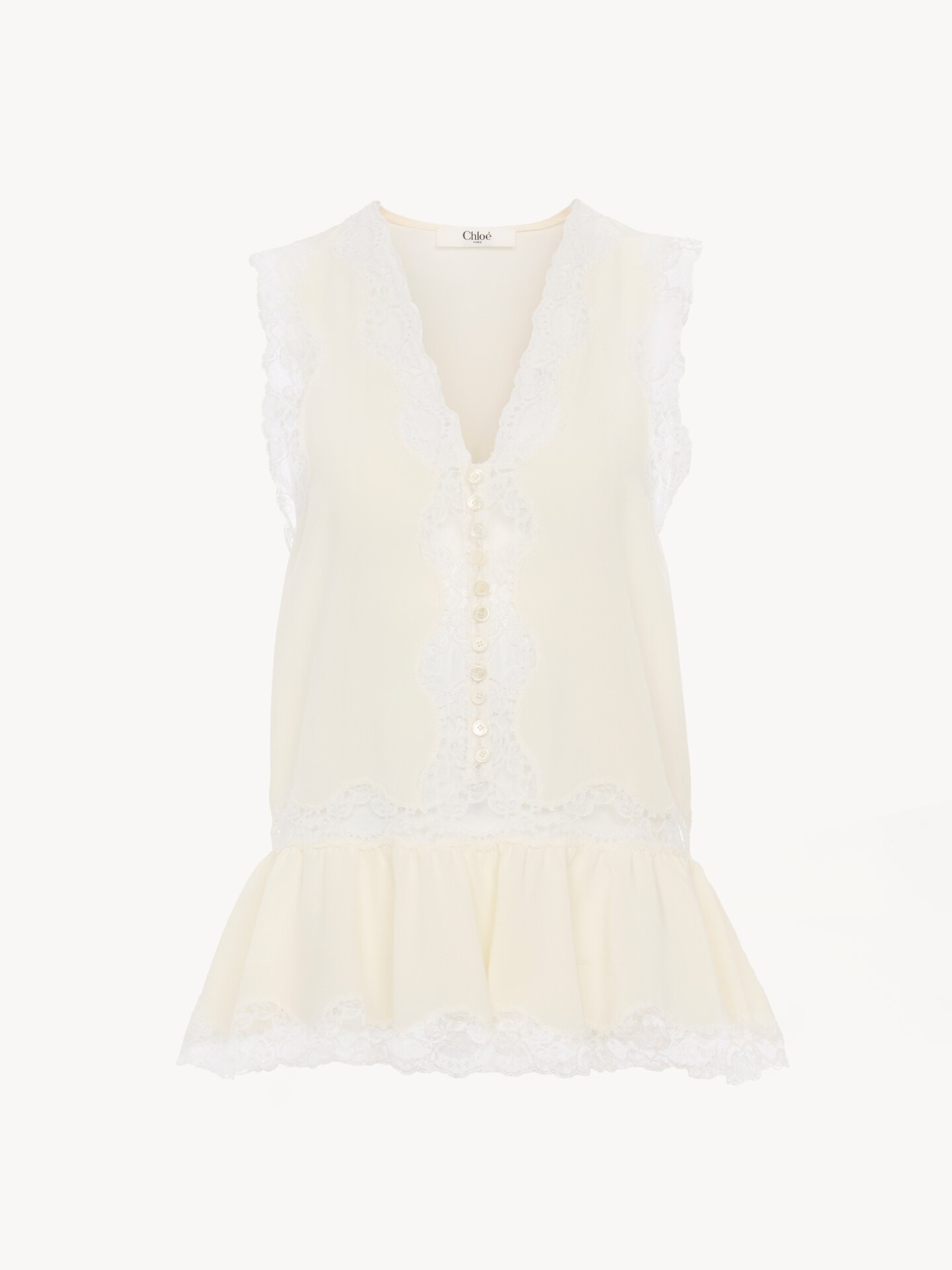 Sleeveless peplum top in cr&ecirc;pe de chine & lace - 2