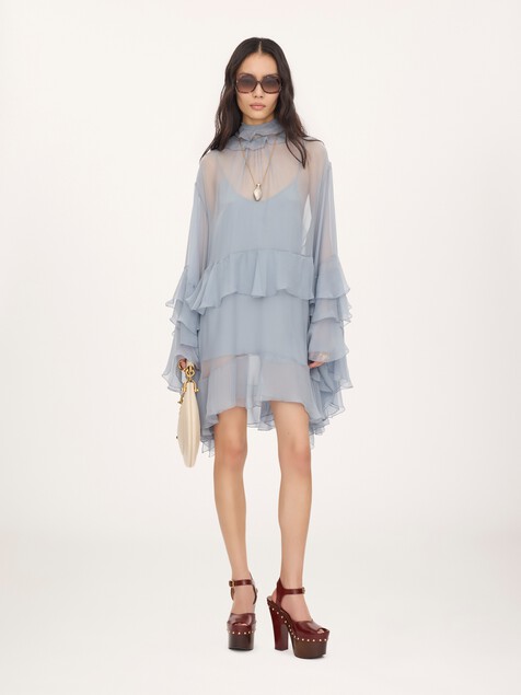 Ruffled mini dress in silk mousseline