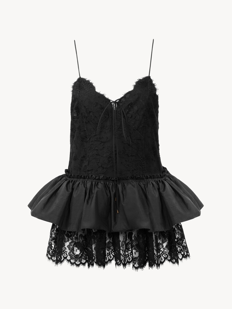 Thin-strap ruffle top in technical taffeta & lace - 2