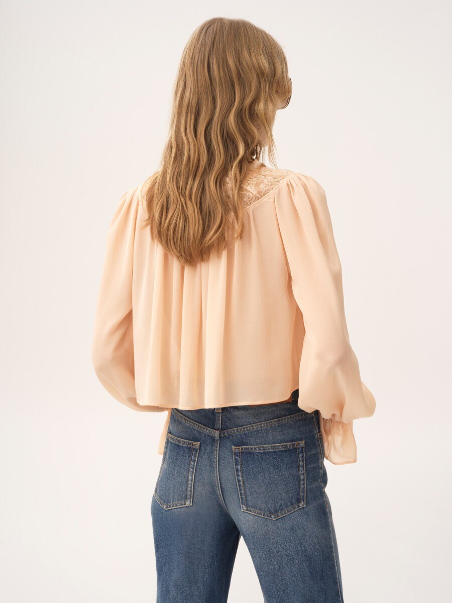 Scoop-neck cropped top in silk georgette & lace - 5