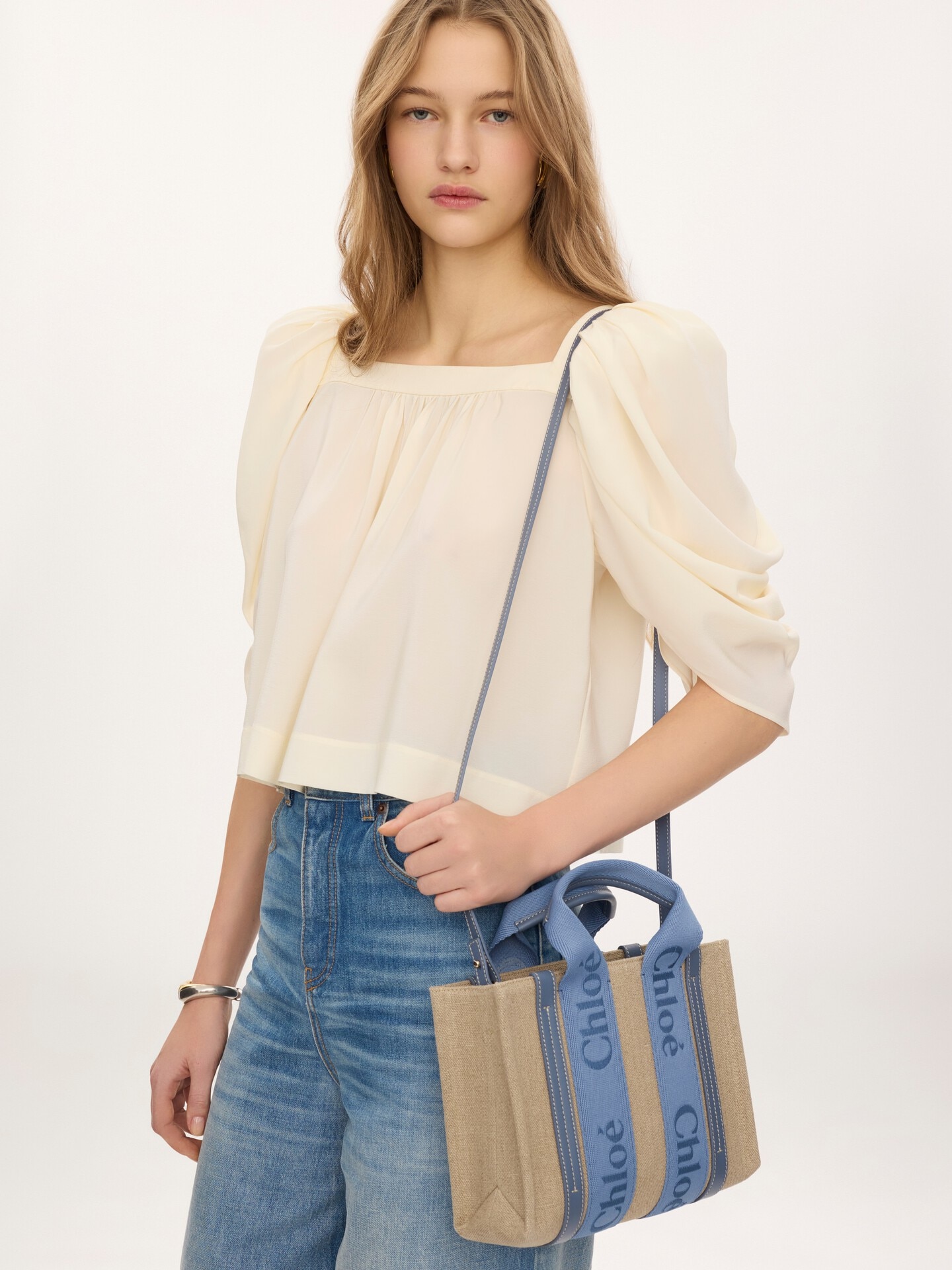 Small Woody tote bag in linen - 3