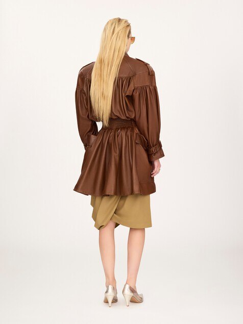 High-neck puff-sleeve leather coat