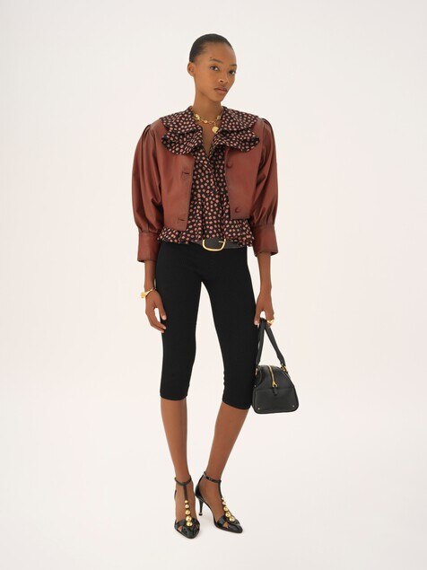 Cropped collarless jacket in leather