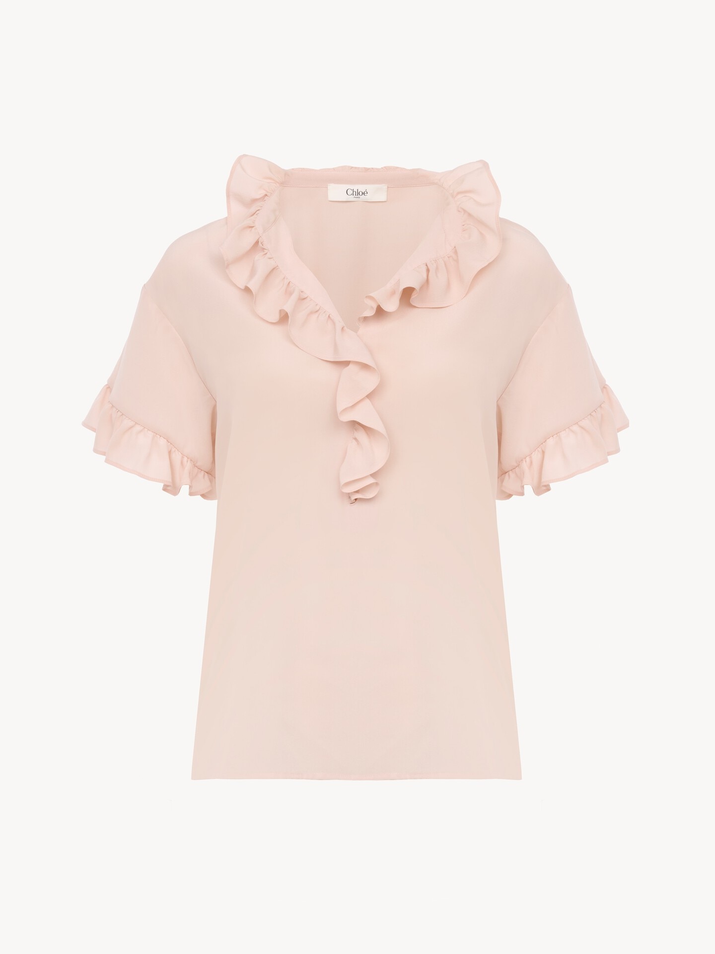 Short-sleeve ruffled top in cr&ecirc;pe de chine - 2