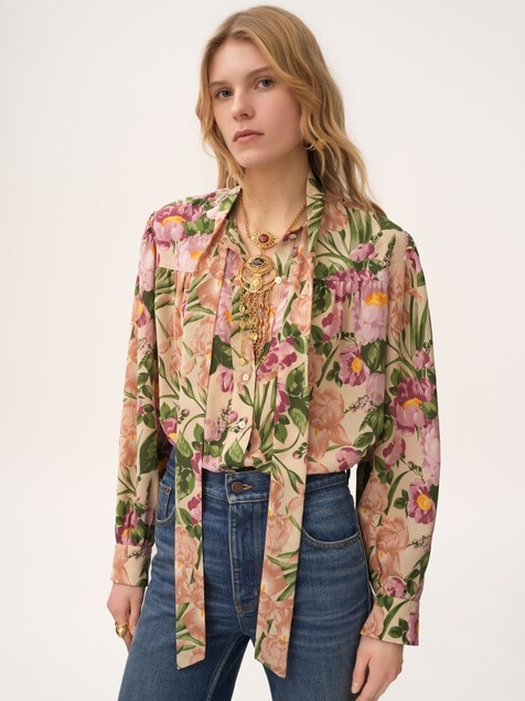 Maxi gathered lavallière blouse in crêpe de chine