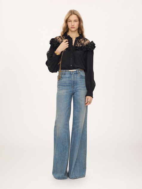 High-neck ruffled blouse in cr&ecirc;pe de chine & lace