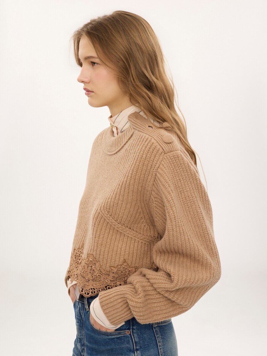 Cropped mock-neck sweater in a wool and cashmere knit & lace - 5