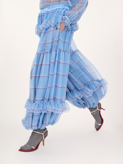 Pantalones plisados fluidos de muselina de seda de cuadros